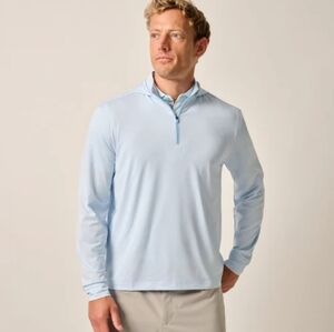johnnie-O Hoodie Hybrid 1/4 Zip Golf Men's‎ Size M SPF 50 Pinstripe Blue White